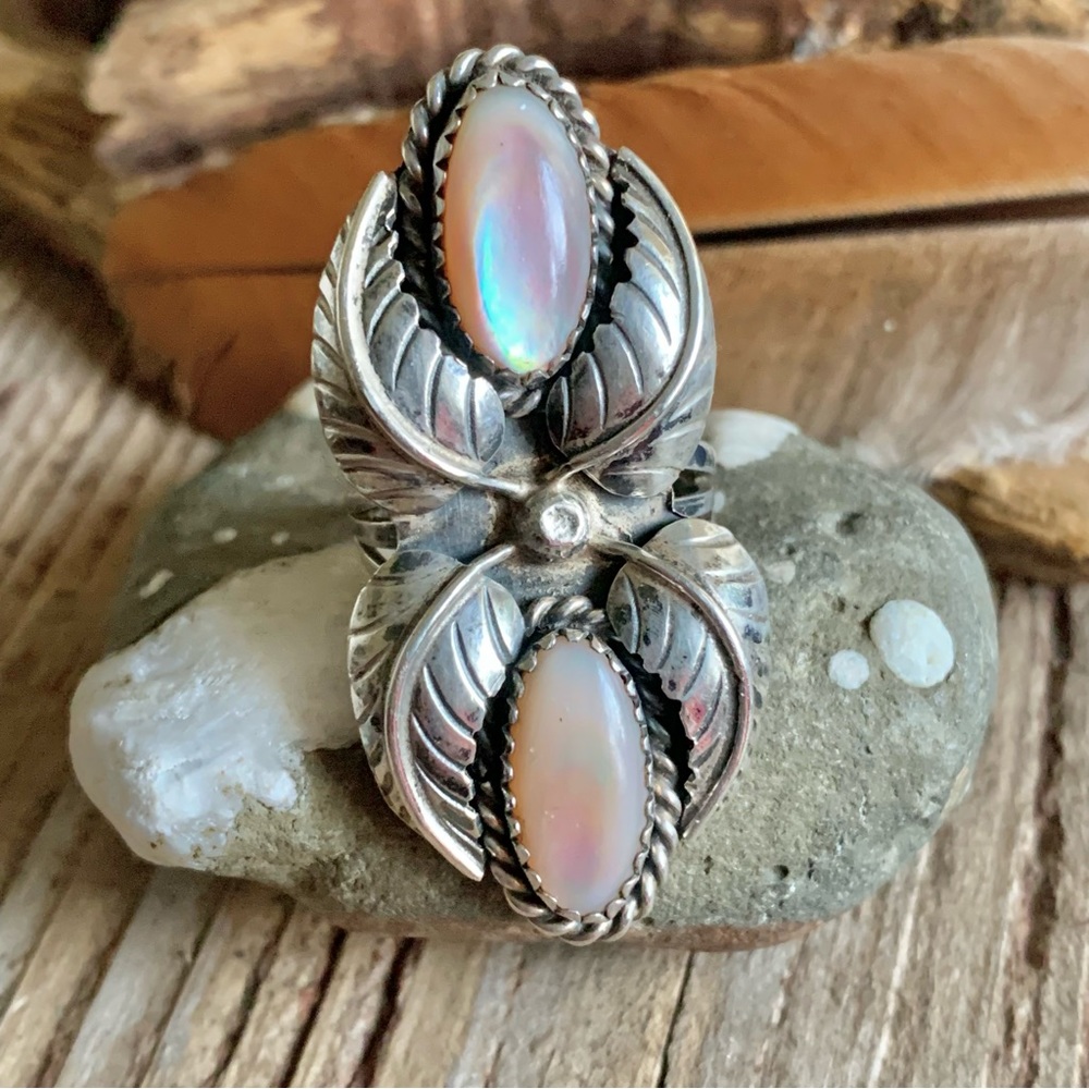 Vintage Navajo Sterling Silver Double Mother of Pearl Long Ring